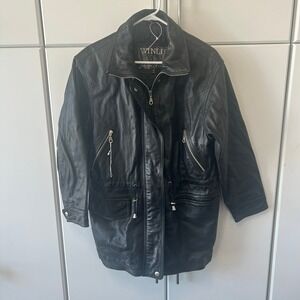 Winlit New York Mens Black Leather Parka Jacket Drawstring Waist Quilted Lining